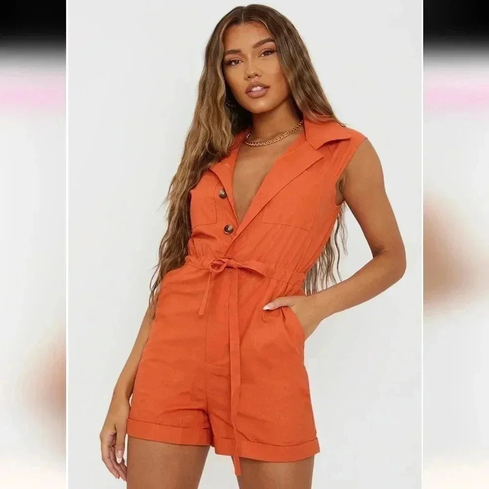 Pretty Little Things Rust Sleeveless Button Front Utility Romper